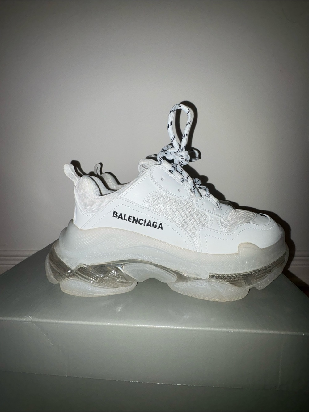 Balenciaga White Chunky Triple-S Style Sneaker with Clear Sole